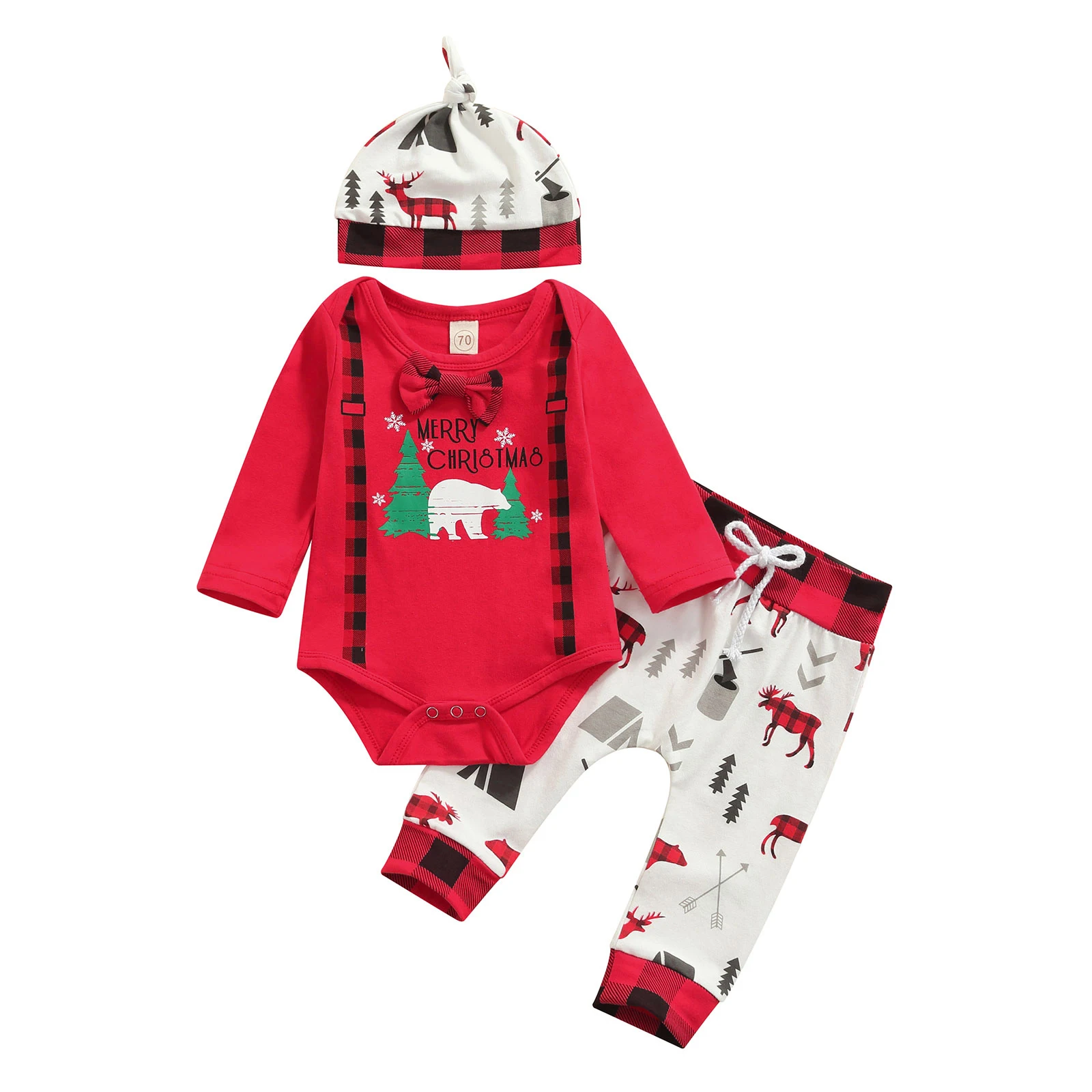 

Pudcoco 3Pcs Baby Boy Sets Suits Clothes Fashion Christmas Print Long Sleeve Romper and Trousers with Hat