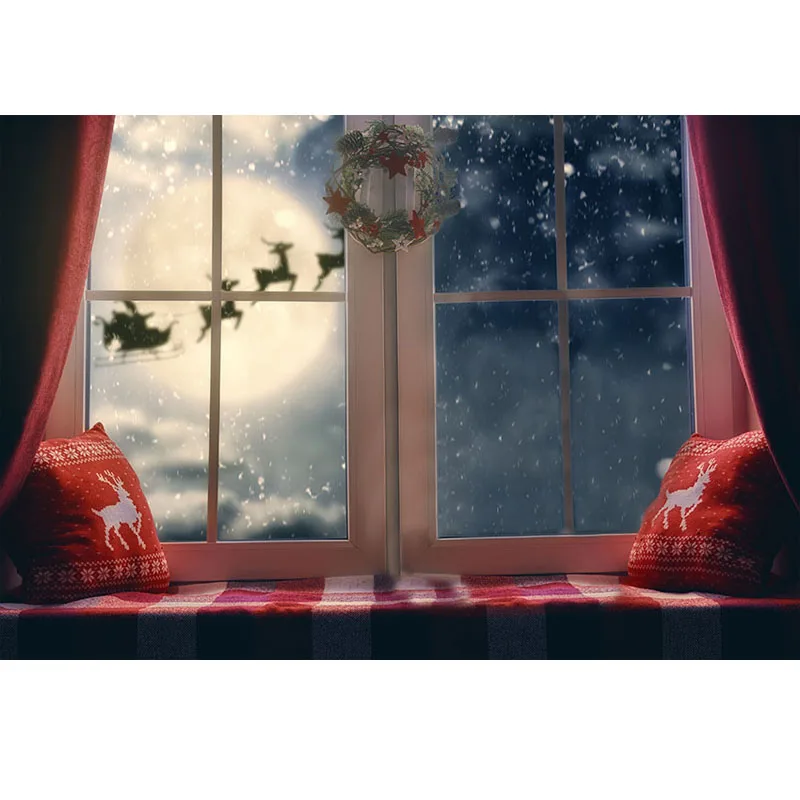 

Customized printing horizontal style snow window photo backgrounds for Christmas party portrait photography backdrops