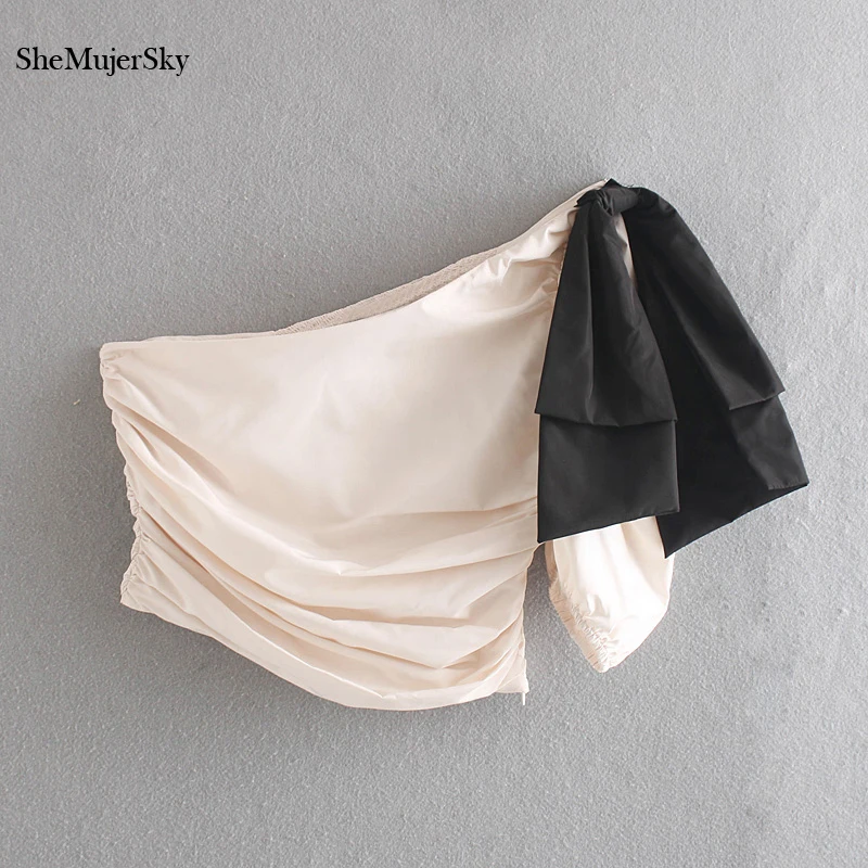 

SheMujerSky Sexy Women One Shoulder Blouse Bow Tie Elastic Short Tops 2019 Fashion Ruched Ladies Shirts