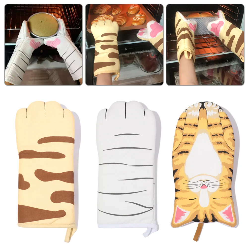 Kitchen gloves cotton pot holders 1PC 3D Cartoon Animal Cat Paws Oven Mitts Long Cotton Baking Insulation Gloves Microwave Heat Resistant Non-Slip Kitchen Gloves