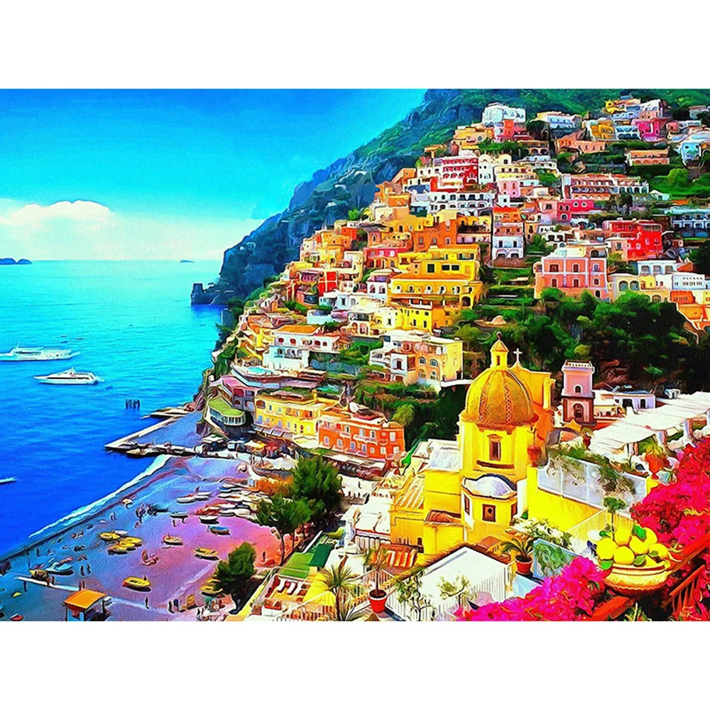 Full 5D Diy Daimond Painting &quotSeaside Town&quot 3D Diamond Round Rhinestones scenery Diamant Paintings Embroidery landscape | Дом и сад