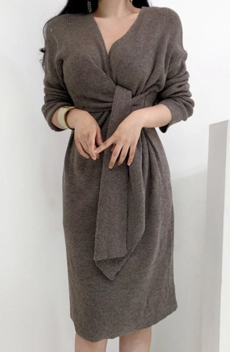 

Deep V-Neck Women 2020 Pullover Sweater Korea Ins Elegant Joker Cross Strap Fashion Design Long Over-The-Knee Render Knit Dress
