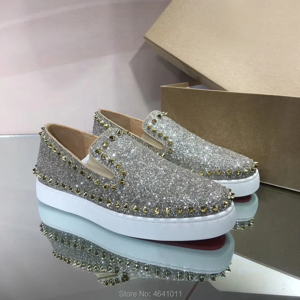

Low Cut Leisure cl andgz Silver Glitter Leather Circle Rivets Red bottoms white men Sports shoes sneakers Flat Loafers Footwear