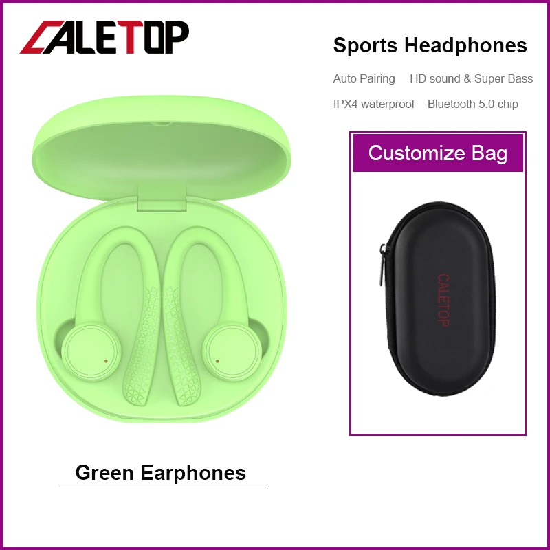 True Wireless Sports Earphones Bluetooth Earbuds Running Headsets For Xiaomi For Huawei Earphones with Microphone Ear Hook - Цвет: Green with case