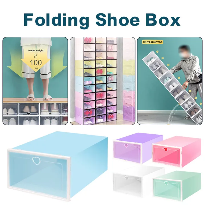 

Stackable Shoe Storabe Box Foldable Plastic Organizer with Transparent Lid Shoe Solid Color Container Bin