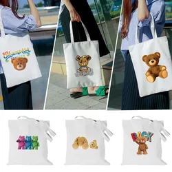 Shopping Bag Reusable Shoulder Bag Tote Bags Cute Bear Pattern Foldable Handbags Large Capacity Canvas Shopper Bags