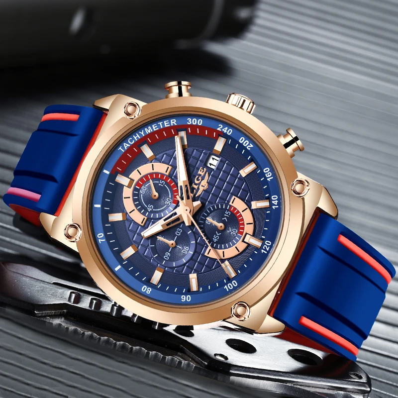 Lige New Mens Watches Top Brand Luxury Dial Clock Male Fashion Silicone Waterproof Quartz Gold-3