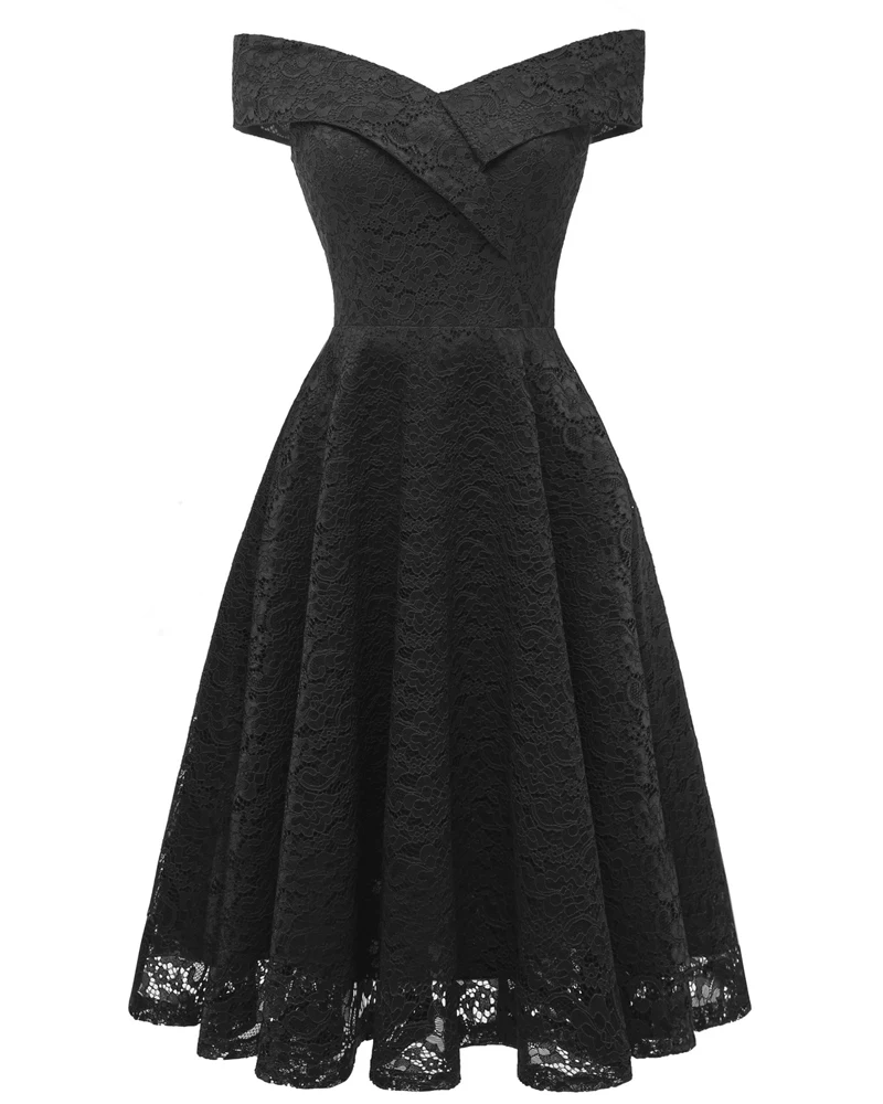 Women Elegant Black Lace Dress Sexy Off Shoulder Party Dresses Pretty Homecoming Prom Party Evening Wear Vintage Juniors Dress