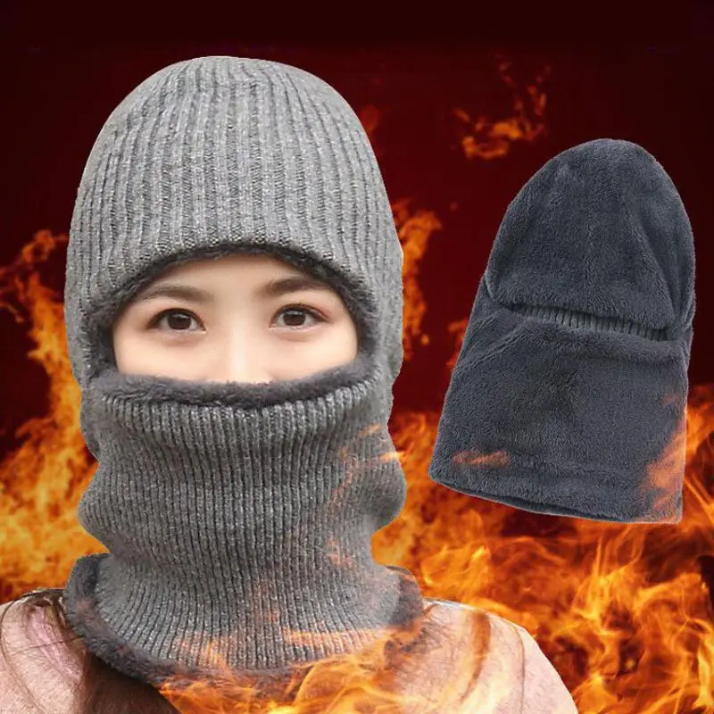 

Knitted Cap Double Layer Thick Thermal Elastic Windproof Fluffy Headgear Face Mask Neck Warmer Protection Hat for cycling hiking