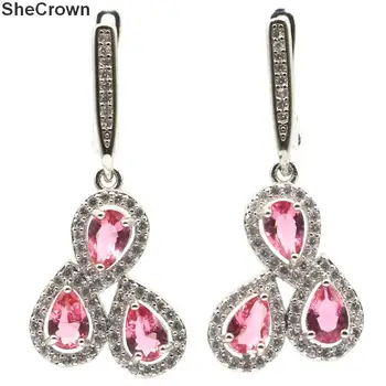

33x15mm Romantic Created Pink Tourmaline CZ Gift For Ladies Silver Earrings
