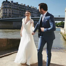 Кружевные свадебные платья в стиле бохо с короткими рукавами, сексуальное свадебное платье трапециевидной формы с v-образным вырезом, белое платье с аппликацией и коротким шлейфом, Vestido De Noiva