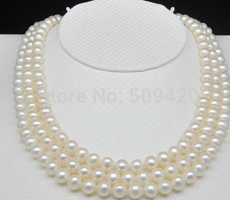 free shipping >>3-Row Natural 7-8mm AAA pearl necklaces 17-18-19"