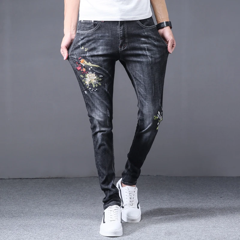 Blog Spring Men's Elastic Cotton Stretch Jeans Pants Loose Fit Denim Trousers Men's Fashion Wear and washed embroidery jean pants man
