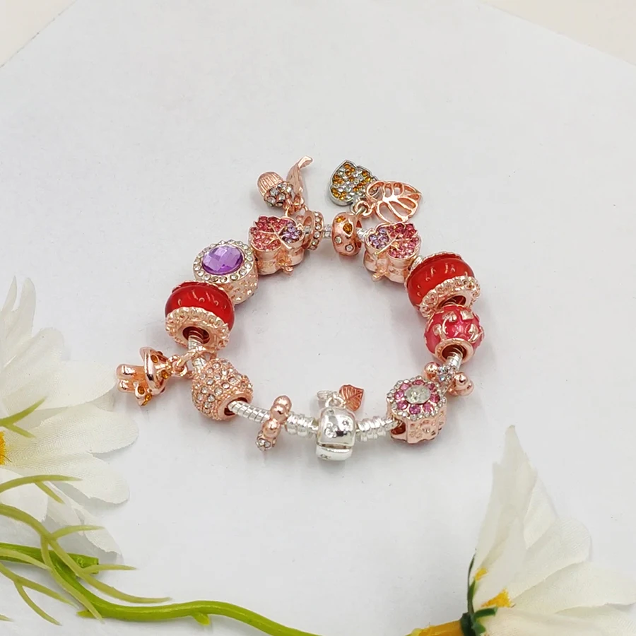 Seialoy Rose Gold Color Leaf Charm Bracelets For Women Original Res Crystal  Glass Beads Mushroom Pendant Bracelet - AliExpress