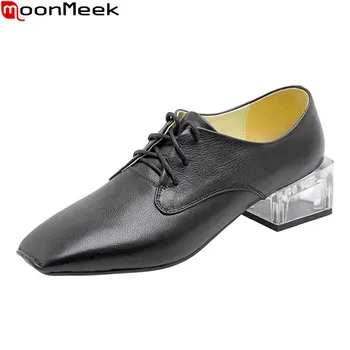 

MoonMeek 2020 autumn new fashion women shoes transparent med heels square toe lace up casual shoes genuine leather ladies shoes