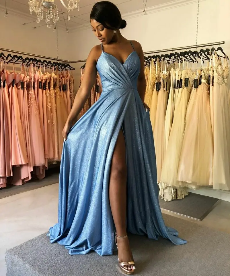 

Sexy Giltter Long A-Line V-Neck Silt Evening Dresses with Pockets Floor Length Corset Back Formal Prom Party Dresses for Women