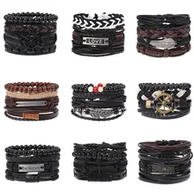 4 unids/set pulseras trenzadas de cuero para hombre y mujer, cuentas de madera Vintage, pulsera étnica cruzada, pulsera de Esperanza