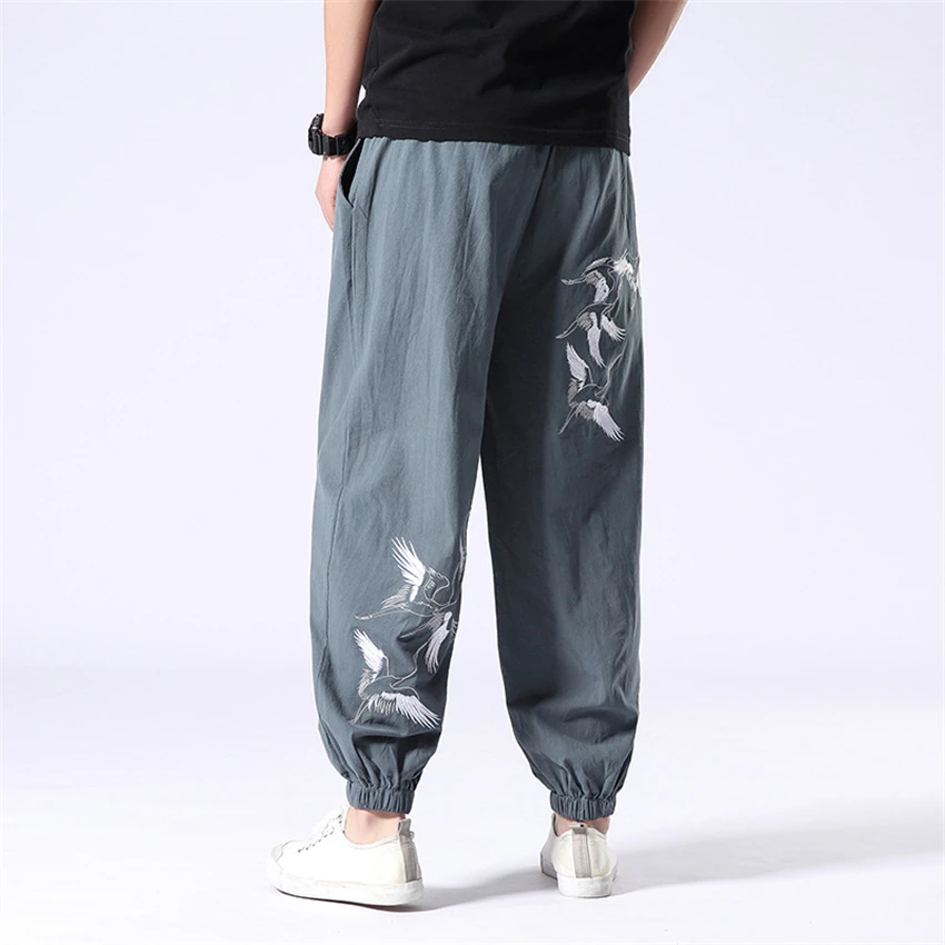 

High Quality Man Japanese Style Pants Linen Cotton Embroidery Plus Size Wide Leg Trousers Summer Breathable Beach Wear