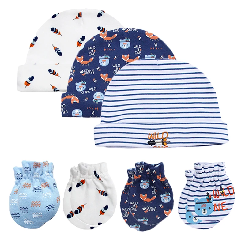 Newborn Baby 3 Caps and 4 Scratch Mittens 0-3 Month Baby Accessories Cotton Hat&Gloves