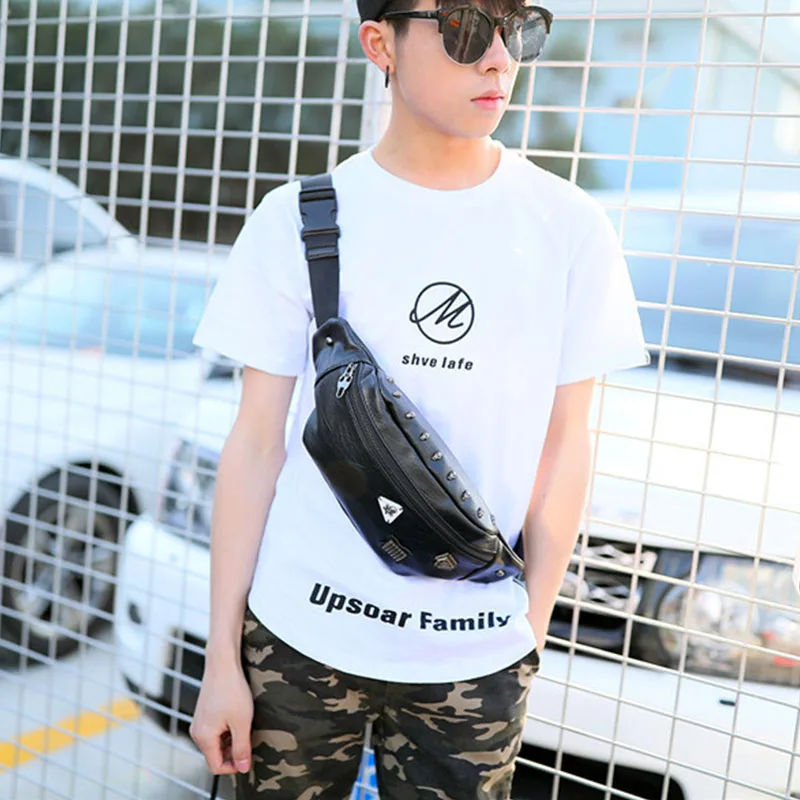 

Men Waist bag Leather Fanny Pack Male Fashion Hip bag Chest Bags Street Banana Bag Kidney Waterproof Black Belt Bag Waist Pack