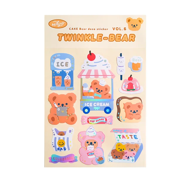 Mohamm 1Pc Milkjoy Series Korean Style Glittery Bear Stickers Decoration Scrapbooking Paper Creative Stationary C