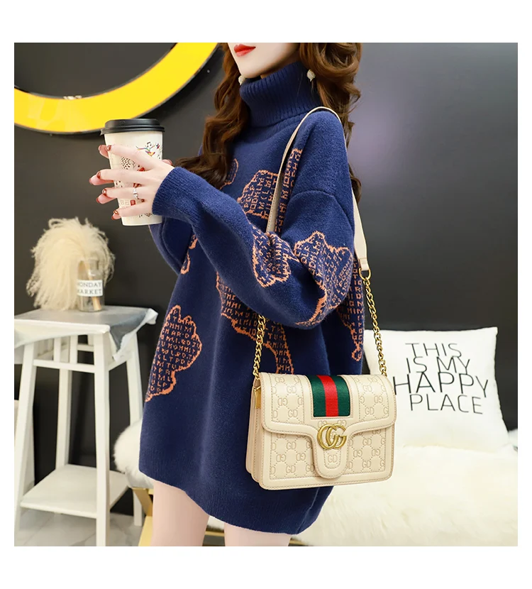 H. SA pull femme hiver, женская зимняя теплая водолазка, пуловер с рисунком карт, Повседневная вязаная одежда, фиолетовый свободный свитер, джемперы