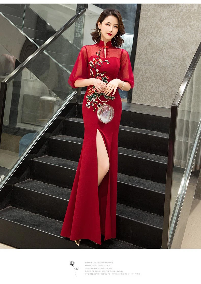 Красное вышитое китайское свадебное платье невесты Cheongsam Qipao Длинные вечерние платья вечерние восточные костюмы весенний новогодний костюм