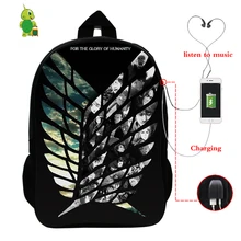 Аниме Рюкзак "атака на Титанов" USB зарядка Рюкзак для ноутбука школьные сумки для подростков мальчиков и девочек Женский рюкзак дорожные сумки через плечо