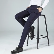 Черные, синие мужские костюмные брюки, однотонная повседневная мужская рубашка в деловом стиле, мужские брюки высокого качества, дышащие Стрейчевые деловые штаны для мужчин