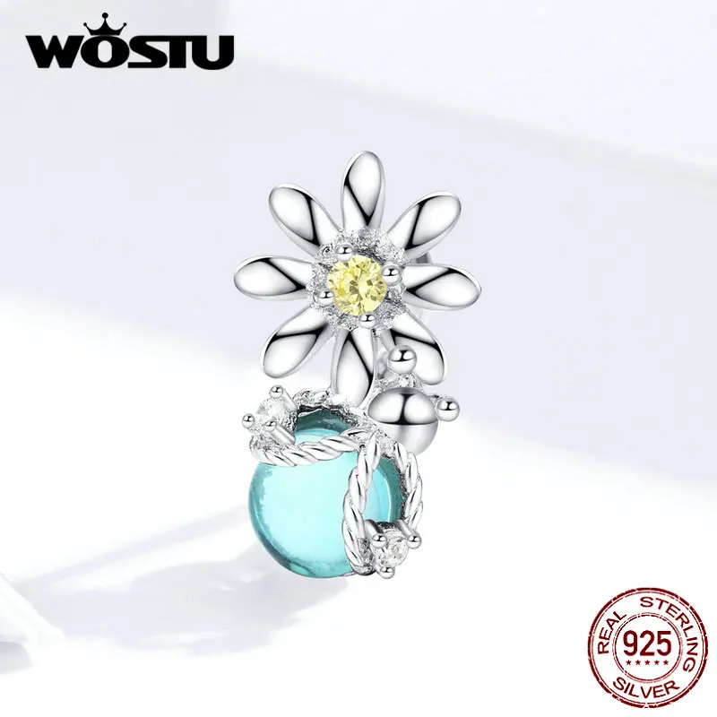 WOSTU, 925 пробы, Серебряный цветок маргаритки и светлячки, бусины, шарм, подходит к оригинальному браслету, подвеска, хорошее серебро, 925, ювелирное изделие, BKC1369