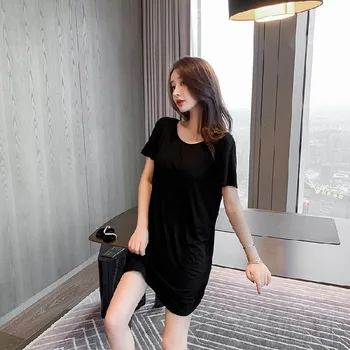 

Black Modal Nightdress Women's Summer Sexy Cross Backless Cotton Solid Color round Neck Pullover Pajamas Midi-Skirt Eye Mask