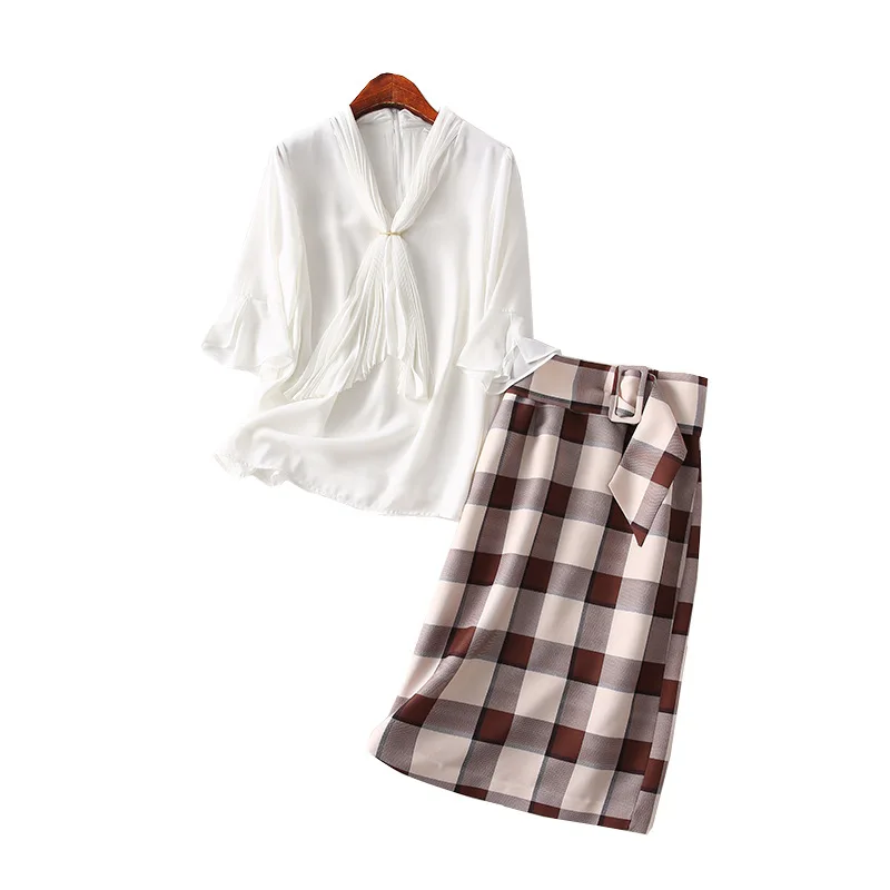 

A Generation of Solid Color Lace-up Chiffon Shirt High-waisted Plaid Skirt Two-Piece Women's Entity