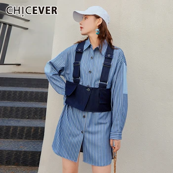 

GALCAUR Patchwork Two Piece Set Women Tank Sleeveless Vest Lapel Collar Long Sleeve Striped Mini Dress Female Suits 2020 Aummer