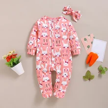 Осенняя теплая одежда для малышей от 0 до 18 месяцев хлопковый костюм с длинными рукавами и рисунком кролика+ повязка на голову для новорожденных