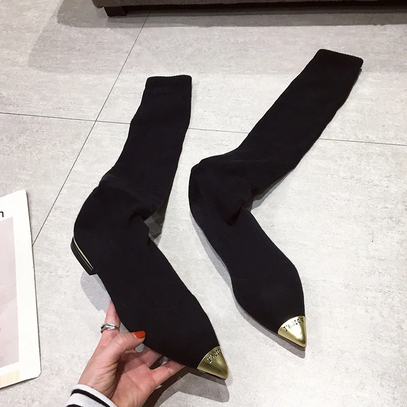 

New Pointed Toe Suede Women High Boots Thick Heels Rubber Over The Knee Boots Women Botas Mujer Autumn Slip on Women Socks Boots