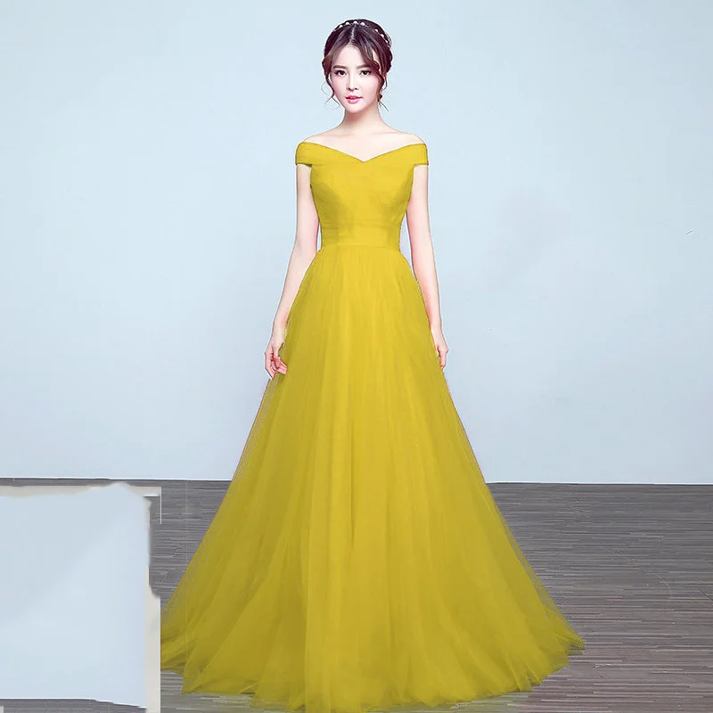 Элегантные платья невесты длинное свадебное вечернее платье мода плюс размер лодочка шеи с плеча Robe De Soiree DSYA003 - Цвет: light yellow  61