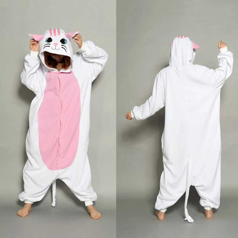 Для взрослых аниме Хэллоуин Косплей Костюм Onesie женские костюмы мультфильм животных пижамы Ститч Единорог Покемон зима теплый - Цвет: White cat