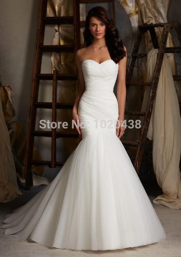 

Elegant White Mermaid Wedding Dresses Strapless Organza Pleated Sweep Train Bridal Gown Dress Vestido De Noiva Custom Made