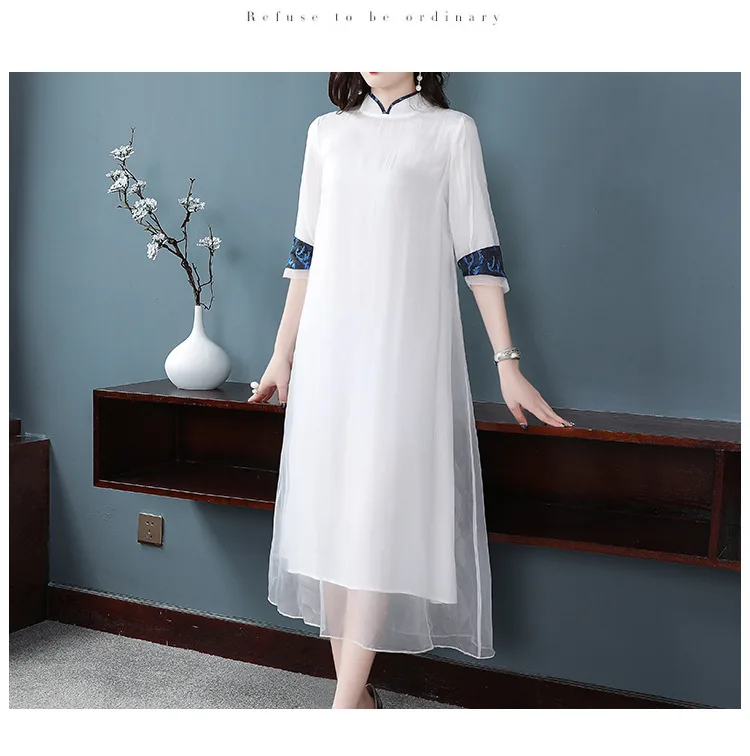 Китайский национальный стиль осеннее вышитое Пэн-пряжка A-style loosen Literary tea cheongsam платье с вуалью для женщин