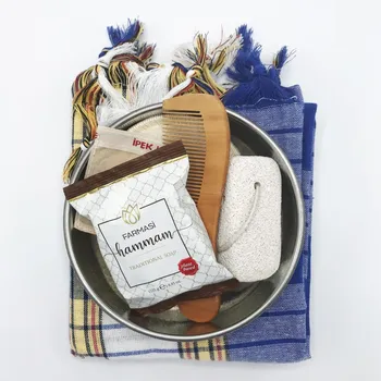 

Hammam set, English peshtemal, made in Turkey, bamboo comb, pumice stone, bath bowl, silk face pouch, Farmasi hammam soap