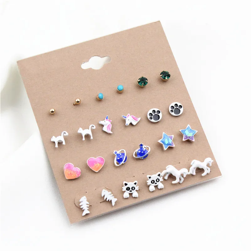 12 пар/компл. Для женщин серьги-гвоздики комплект в богемном стиле, для изготовления бижутерии разноцветной эмалью с рисунком кота и рыбки, звезда, собаки, лошади, с украшением в виде кристаллов; модные серьги