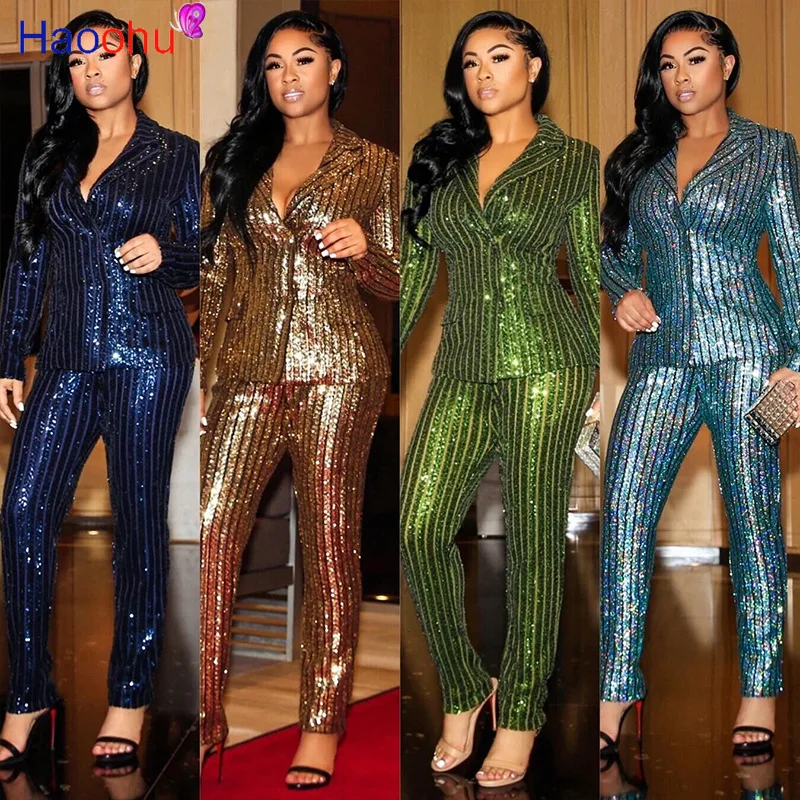 HAOOHU Sequins Women's Set Lapel Blazers Straight Pants Office Lady Matching Streetwear Tracksuit Two 2 Piece Outfit |
