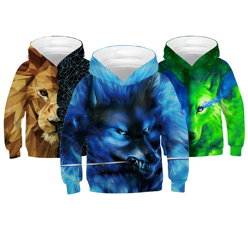 Large Size Boys Jacket 3D Digital Printing Lion And Wolf Casual Boy Sweater Hooded Loose Girls Sweatshirt 5-14 Year Kids Clothes