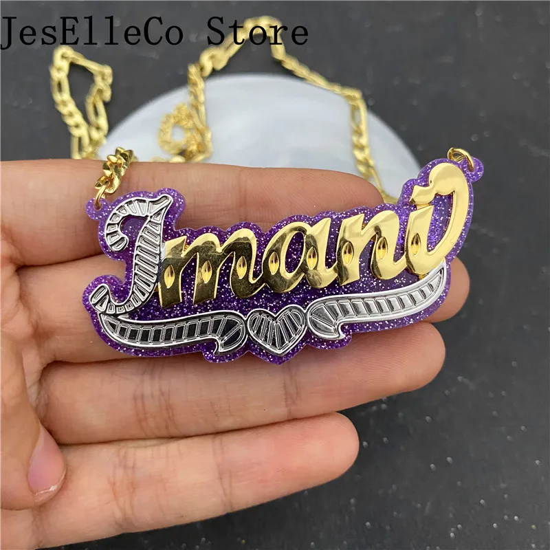 Collier Double Plaque Or Avec Nom Personnalise Pendentif En Acrylique Personnalise Pour Cadeau De Noel Aliexpress