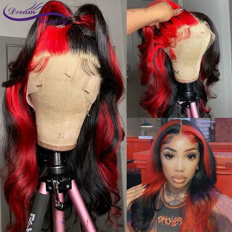 Brazilian Remy Wavy Red Highlight Lace Frontal Wigs Colored 13X4 Lace Front Human Hair Wigs Red 180% Density 4x4 Lace Wigs