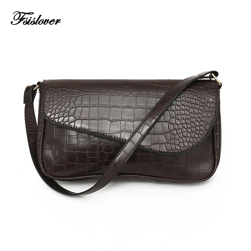 

Messenger Handbags Retro Alligator Pattern Baguette bag women shoulder bags PU Leather Casual Solid crossbody bags for women