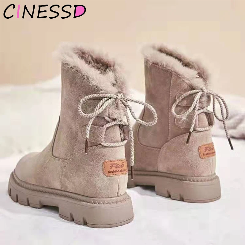 

Boots Women Warm Winter Flat with Plush Round Toe Cross-tied Female Cow Suede Ankle Boot Botas Mujer Plush Ladies Snow Boots