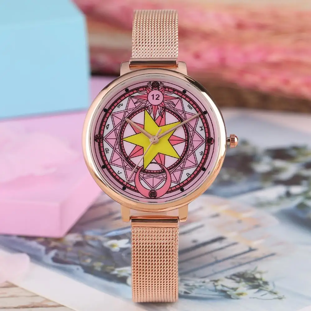 Женские кварцевые часы, модные, Сейлор Мун, стильные женские наручные часы из нержавеющей стали, сетчатый ремешок для дам, часы relojes mujer