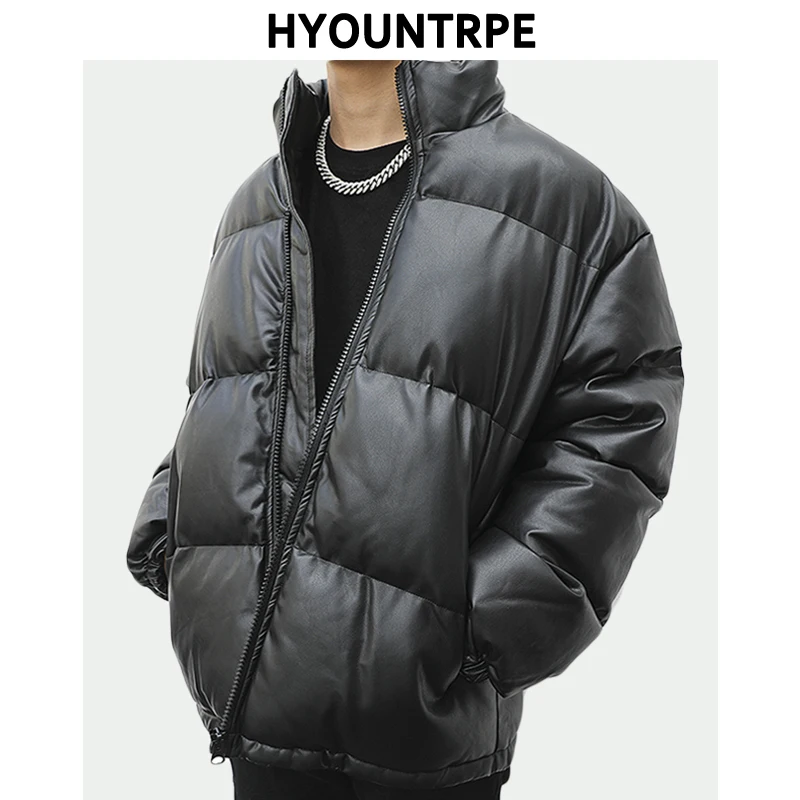 Men Pu Leather Jackets Coat Casual Zipper Stand-collar Solid Color Hip Hop Streetwear Warm Cotton Padded Bomber Jacket Outerwear