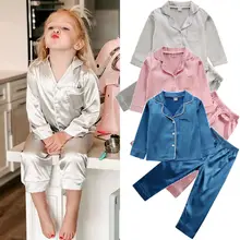 YK Pijama de satén de seda para niños y niñas, ropa de dormir de manga larga, Tops, pantalón, Otoño e Invierno